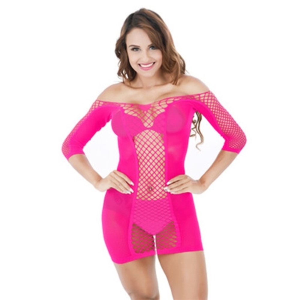 HOT Pink ** Long sleeve tube dress one size fits all Fishnet Dress. Hole Dress.